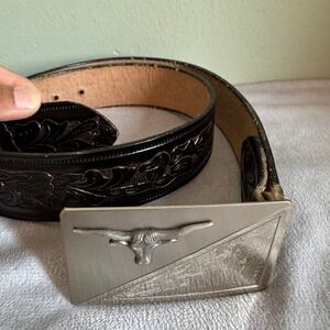 Alco Brand Western Belt 32 Brown Tooled Leather Longhorn Nickel Silver Buckle